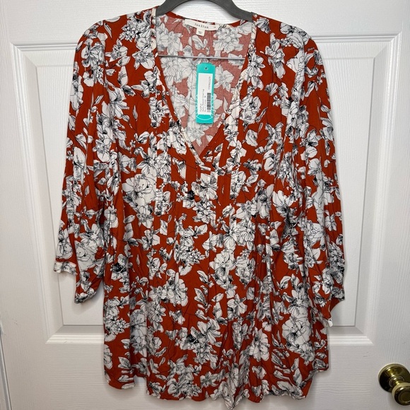 Fun 2 Fun Maley Pleated Detail Top Burnt Orange Size 1X Flowy Tunic NWT - Picture 1 of 6